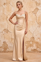 Margaret Champagne Satin Sheath Corset Maxi Dress