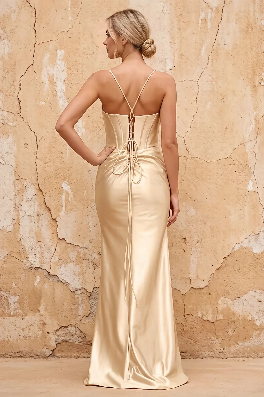 Translation missing: en.Margaret Champagne satin sheath corset maxi dress with thin straps and high side slit - product photo 2 content.product_image_secondary