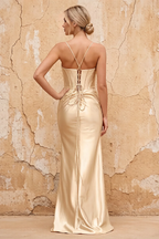 Margaret Champagne Satin Sheath Corset Maxi Dress