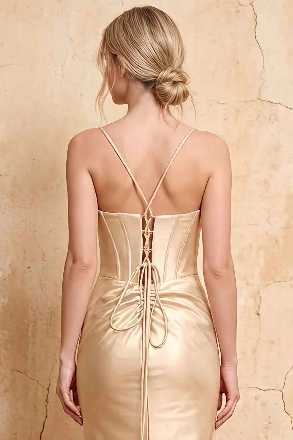 Margaret Champagne Satin Sheath Corset Maxi Dress