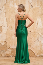 Margaret Dark Green Satin Sheath Corset Maxi Dress