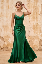 Margaret Dark Green Satin Sheath Corset Maxi Dress