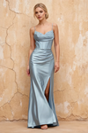 Margaret Dusty Blue Satin Sheath Corset Maxi Dress