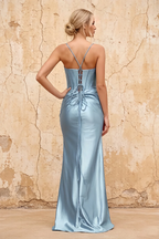 Margaret Dusty Blue Satin Sheath Corset Maxi Dress
