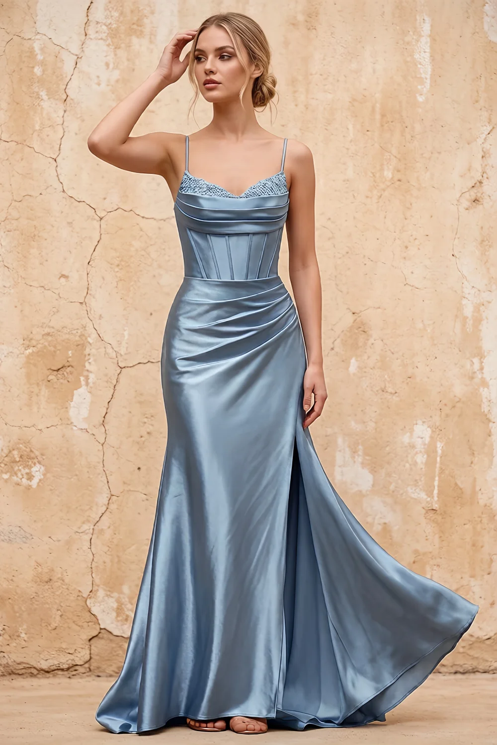 Margaret Dusty Blue Satin Sheath Corset Maxi Dress