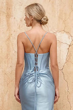 Margaret Dusty Blue Satin Sheath Corset Maxi Dress