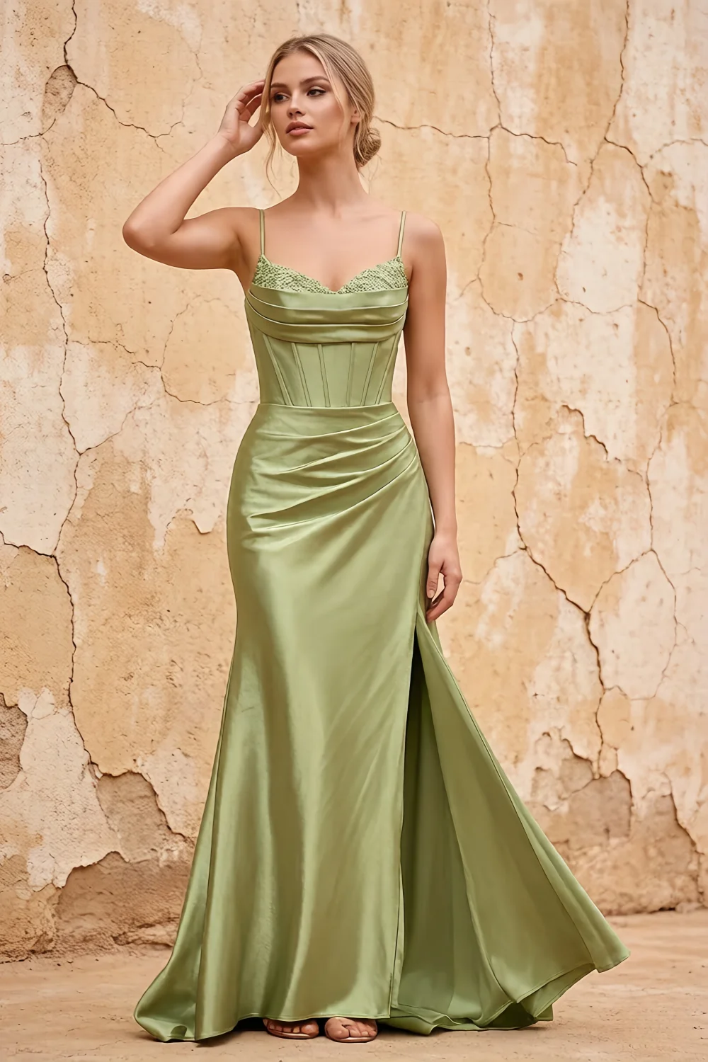 Margaret Dusty Sage Satin Sheath Corset Maxi Dress Main image