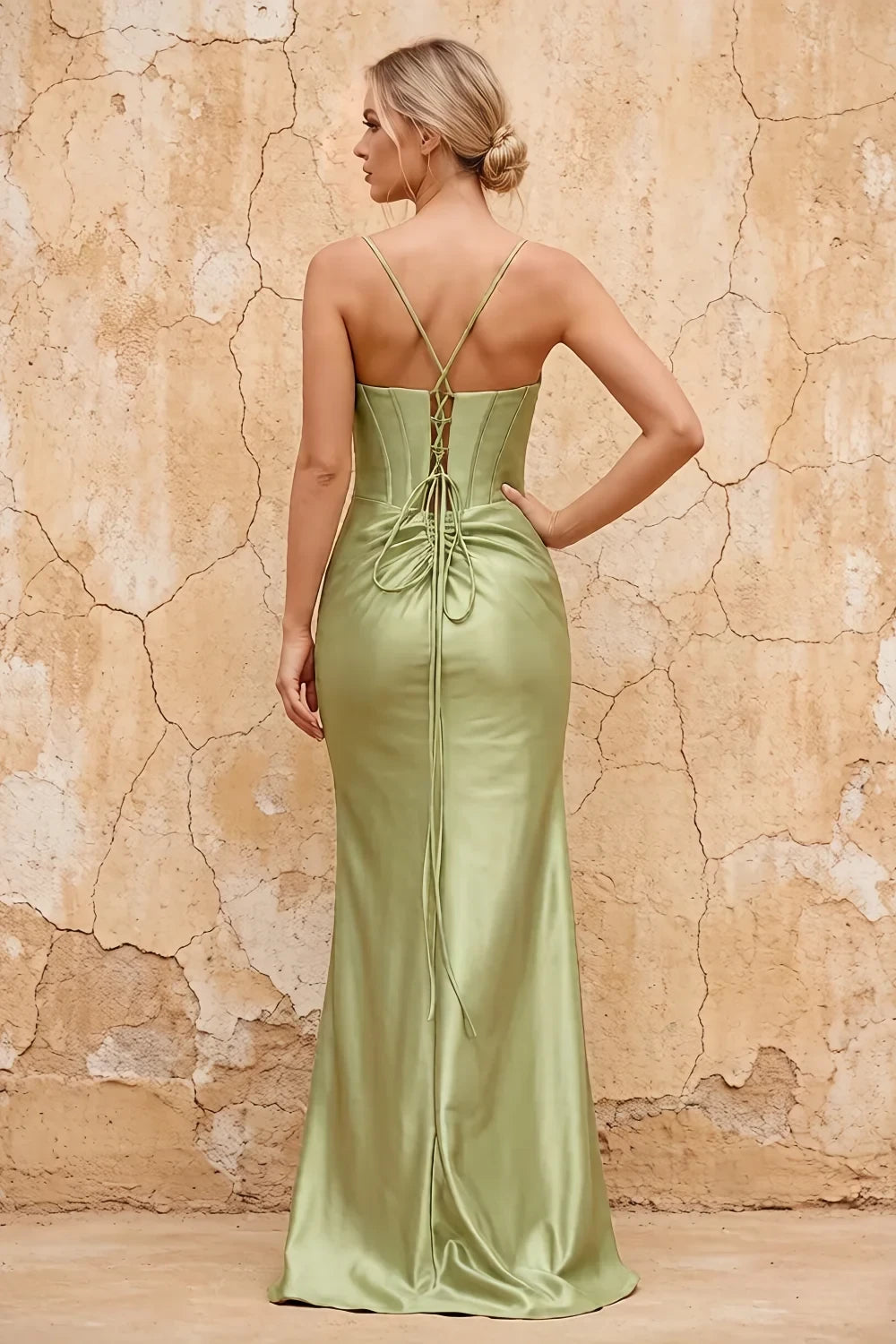 Translation missing: en.Margaret Dusty Sage satin sheath corset maxi dress with thin straps and high side slit - product photo 2 content.product_image_secondary