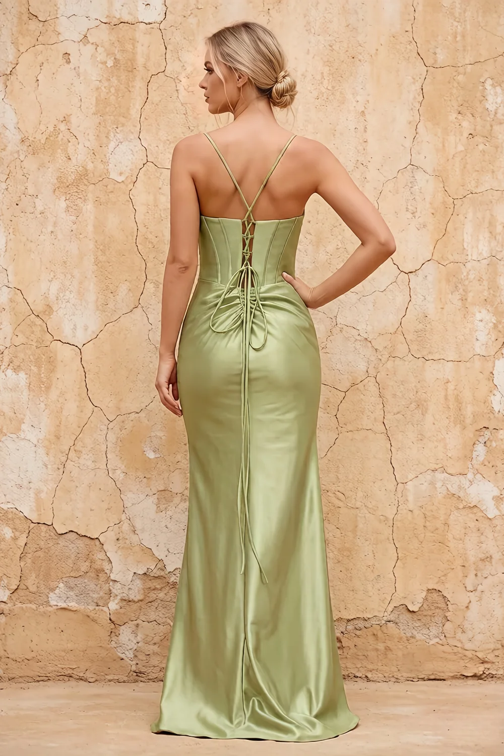 Margaret Dusty Sage Satin Sheath Corset Maxi Dress