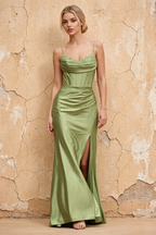 Margaret Dusty Sage Satin Sheath Corset Maxi Dress
