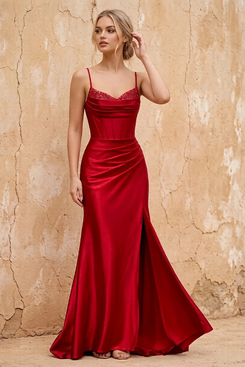 Margaret Red Satin Sheath Corset Maxi Dress