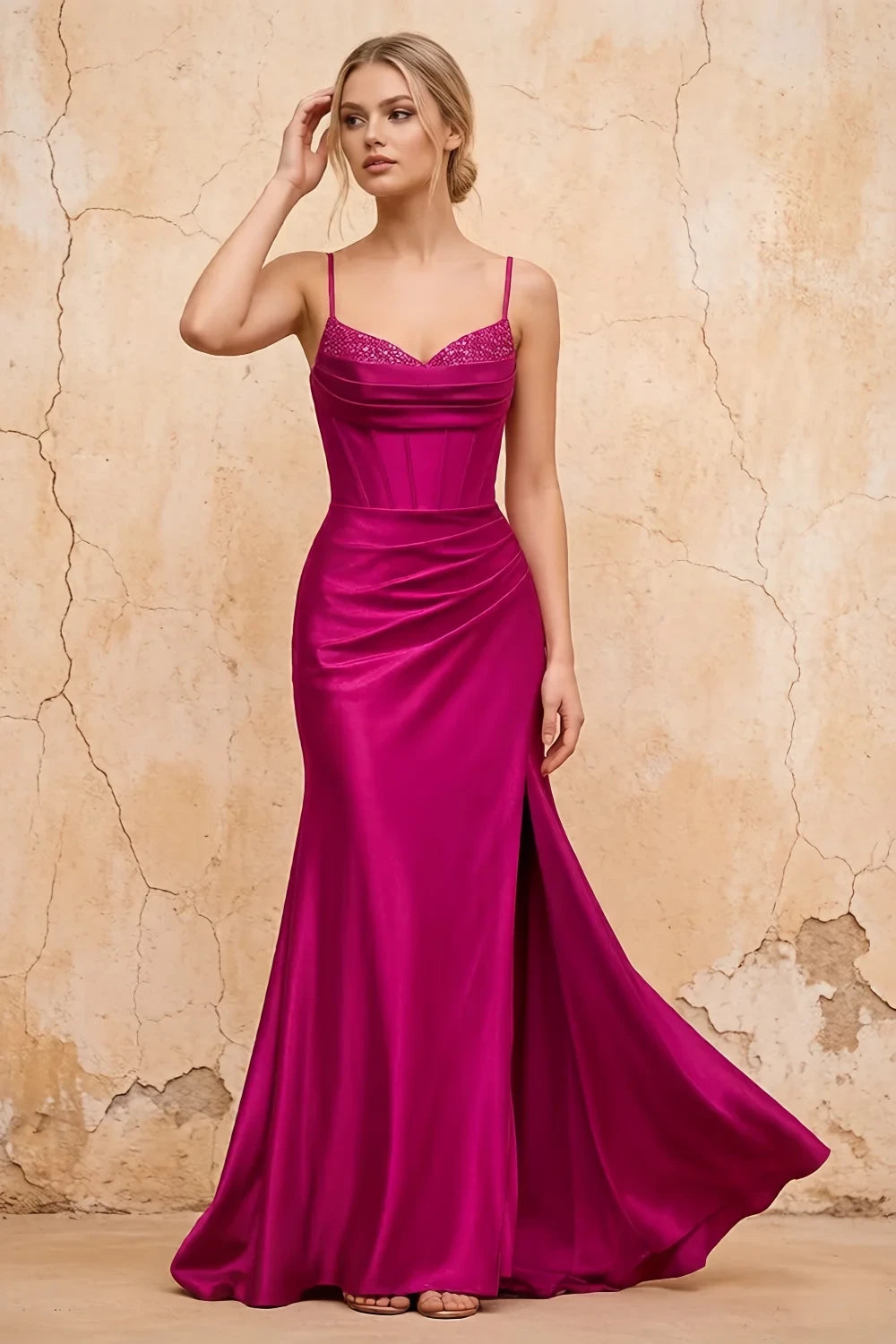 Translation missing: en.Margaret Rose satin sheath corset maxi dress with thin straps and high side slit - product photo 2 content.product_image_secondary