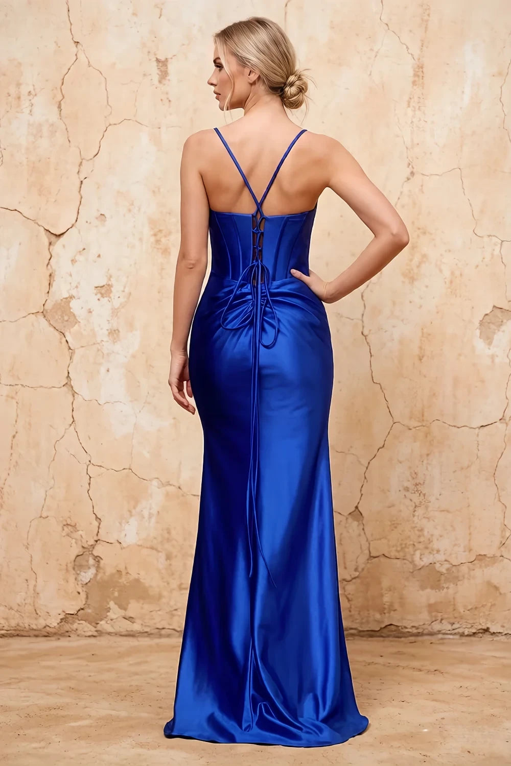 Translation missing: en.Margaret Royal Blue satin sheath corset maxi dress with thin straps and high side slit - product photo 2 content.product_image_secondary