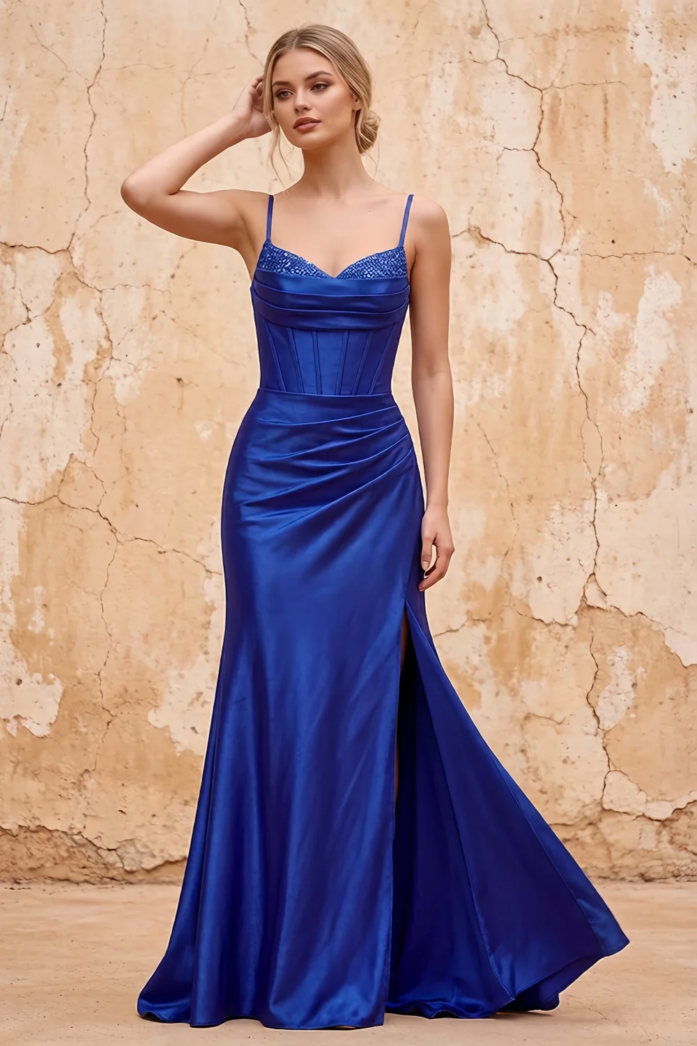 Margaret Royal Blue Satin Sheath Corset Maxi Dress
