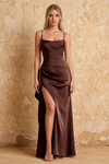 Maria Brown Satin Ruched Maxi Dress With Slit