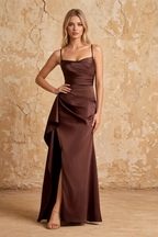 Maria Brown Satin Ruched Maxi Dress With Slit