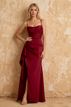 Maria Burgundy Satin Ruched Maxi Dress With Slit