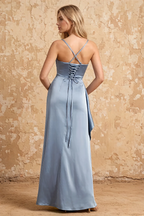 Maria Dusty Blue Satin Ruched Maxi Dress With Slit