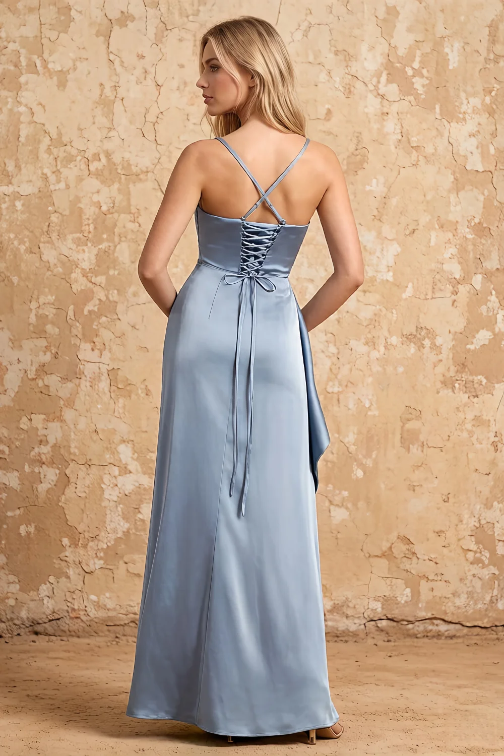 Maria Dusty Blue Satin Ruched Maxi Dress With Slit