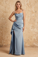 Maria Dusty Blue Satin Ruched Maxi Dress With Slit
