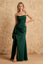 Maria Hunter Green Satin Ruched Maxi Dress With Slit