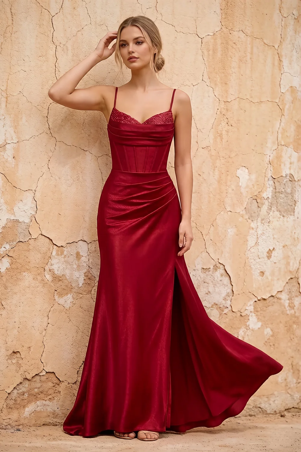Margaret Burgundy Satin Sheath Corset Maxi Dress Main image
