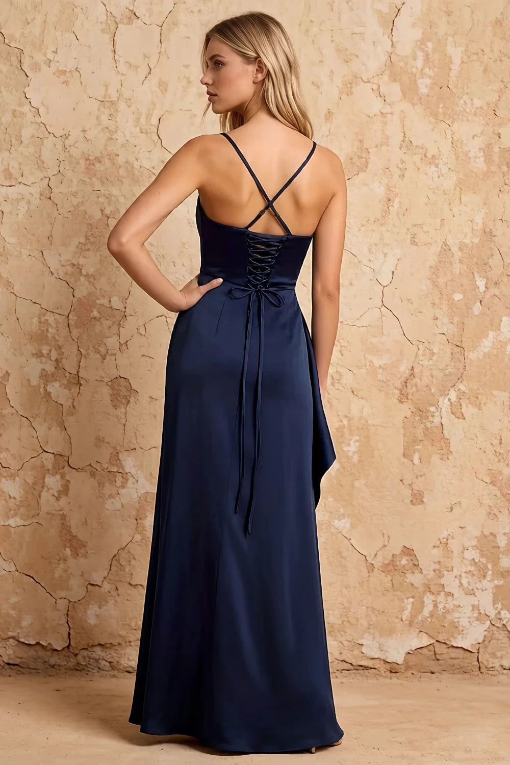 Translation missing: en.Maria Navy Blue satin ruched spaghetti strap maxi dress with side slit - product photo 2 content.product_image_secondary