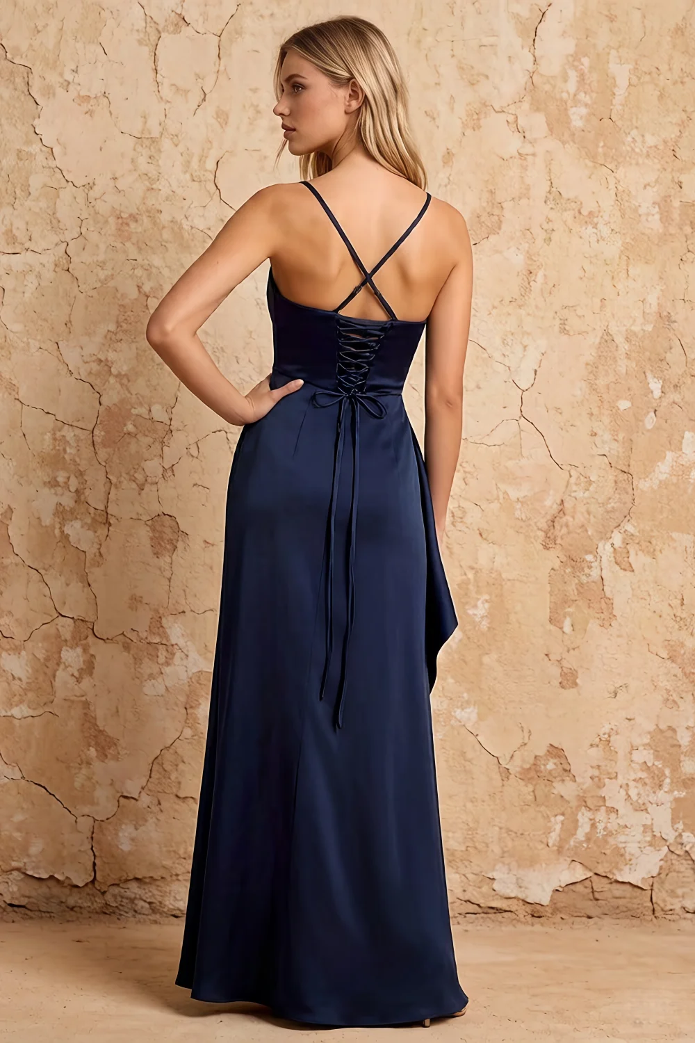 Maria Navy Blue Satin Ruched Maxi Dress With Slit