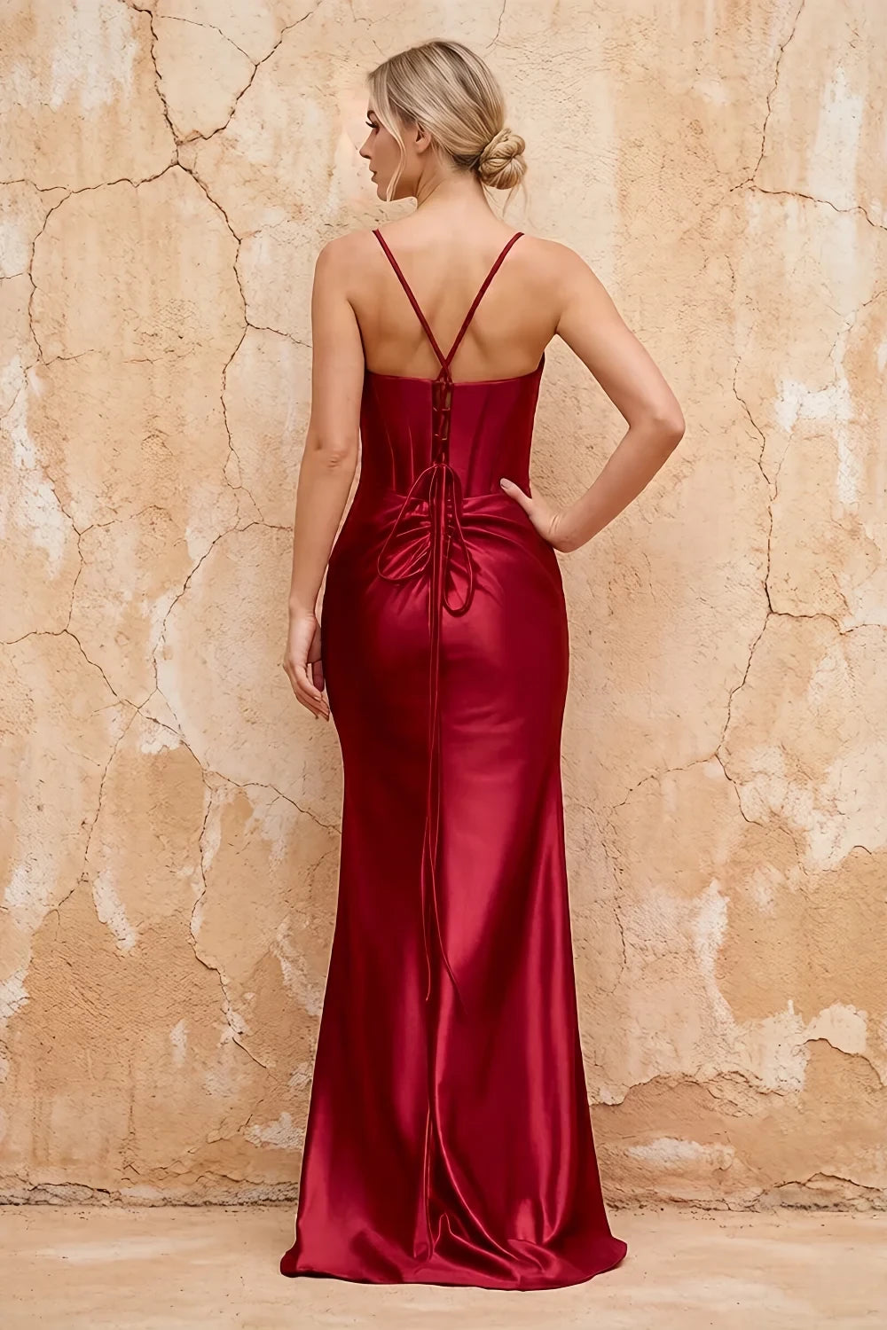 Translation missing: en.Margaret Burgundy satin sheath corset maxi dress with thin straps and high side slit - product photo 2 content.product_image_secondary