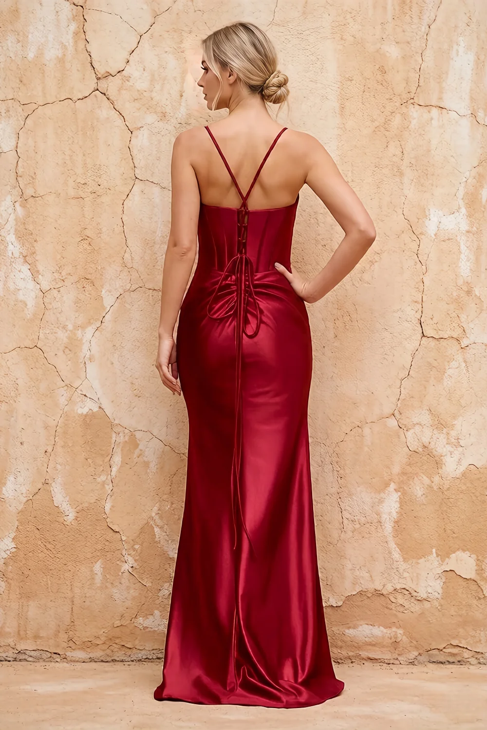Margaret Burgundy Satin Sheath Corset Maxi Dress