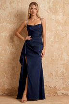 Maria Navy Blue Satin Ruched Maxi Dress With Slit