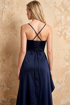 Maria Navy Blue Satin Ruched Maxi Dress With Slit