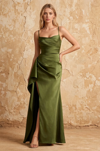 Maria Olive Green Satin Ruched Maxi Dress With Slit