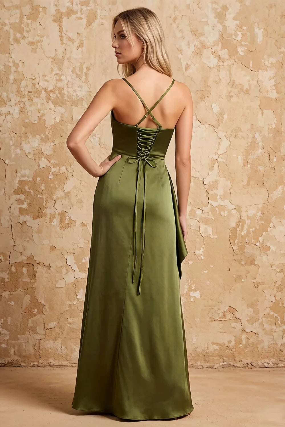 Translation missing: en.Maria Olive Green satin ruched spaghetti strap maxi dress with side slit - product photo 2 content.product_image_secondary