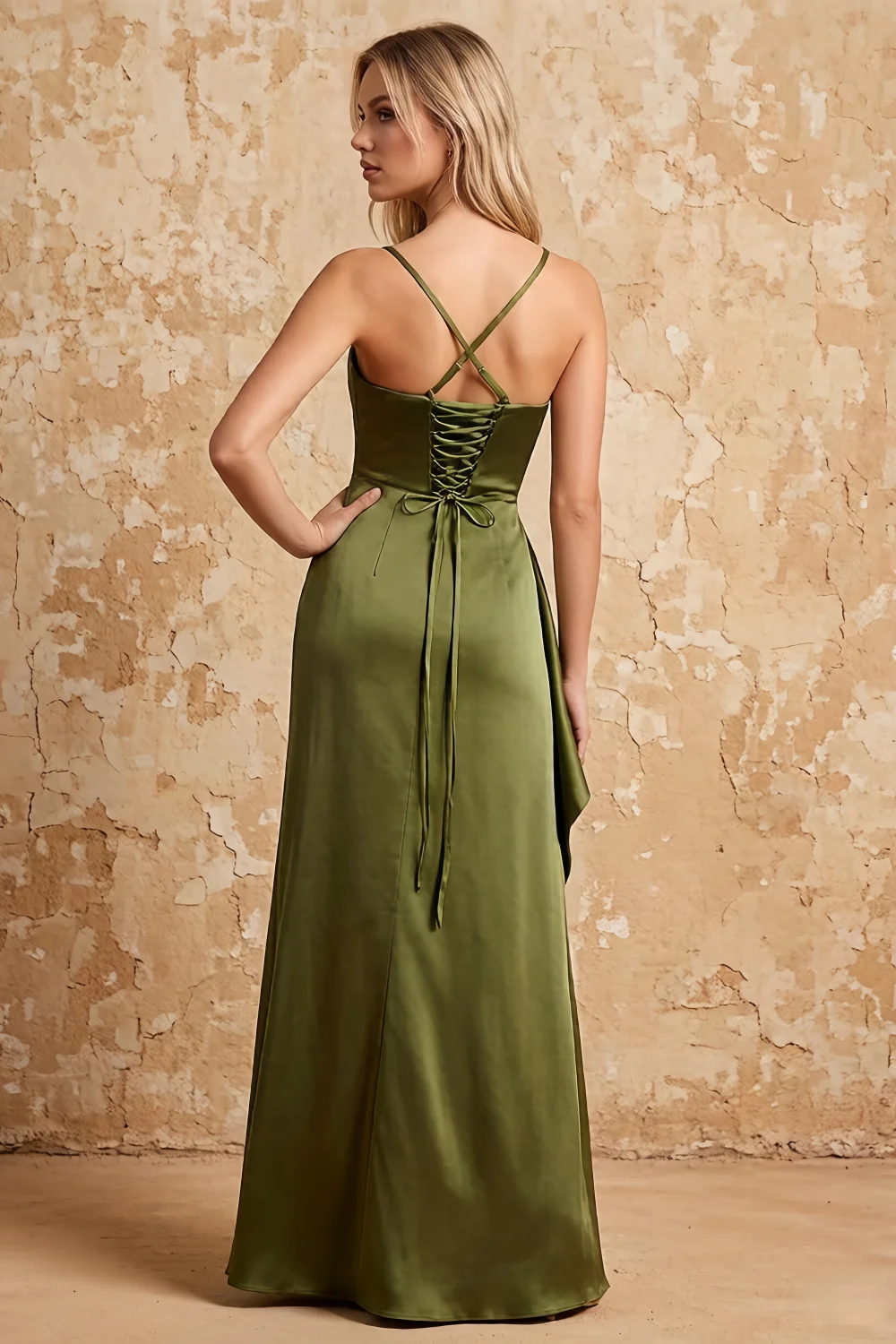 Maria Olive Green Satin Ruched Maxi Dress With Slit