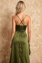 Maria Olive Green Satin Ruched Maxi Dress With Slit