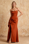 Maria Rust Satin Ruched Maxi Dress With Slit
