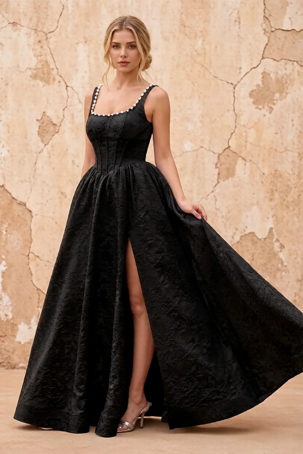 Marian Black Jacquard A-line 3d Flowers Maxi Dress