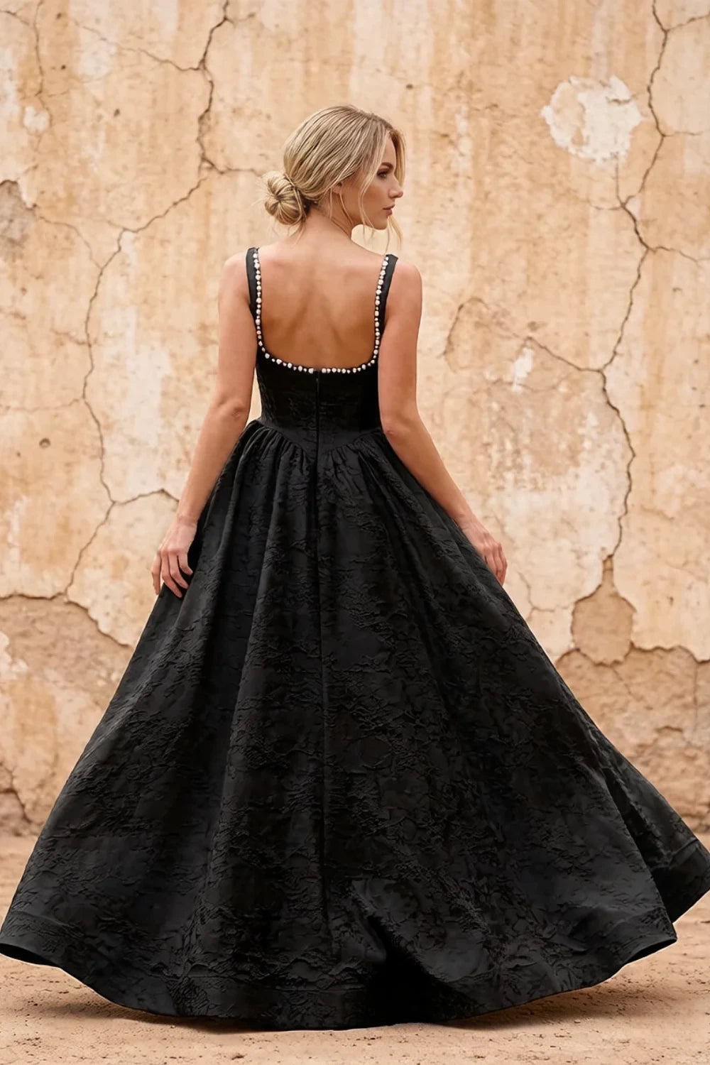 Translation missing: en.Marian Black floral jacquard square-neck A-line maxi dress with dimensional flowers and side slit - product photo 2 content.product_image_secondary