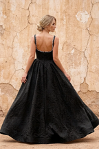 Marian Black Jacquard A-line 3d Flowers Maxi Dress