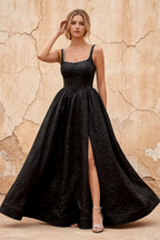 Marian Black Jacquard A-line 3d Flowers Maxi Dress
