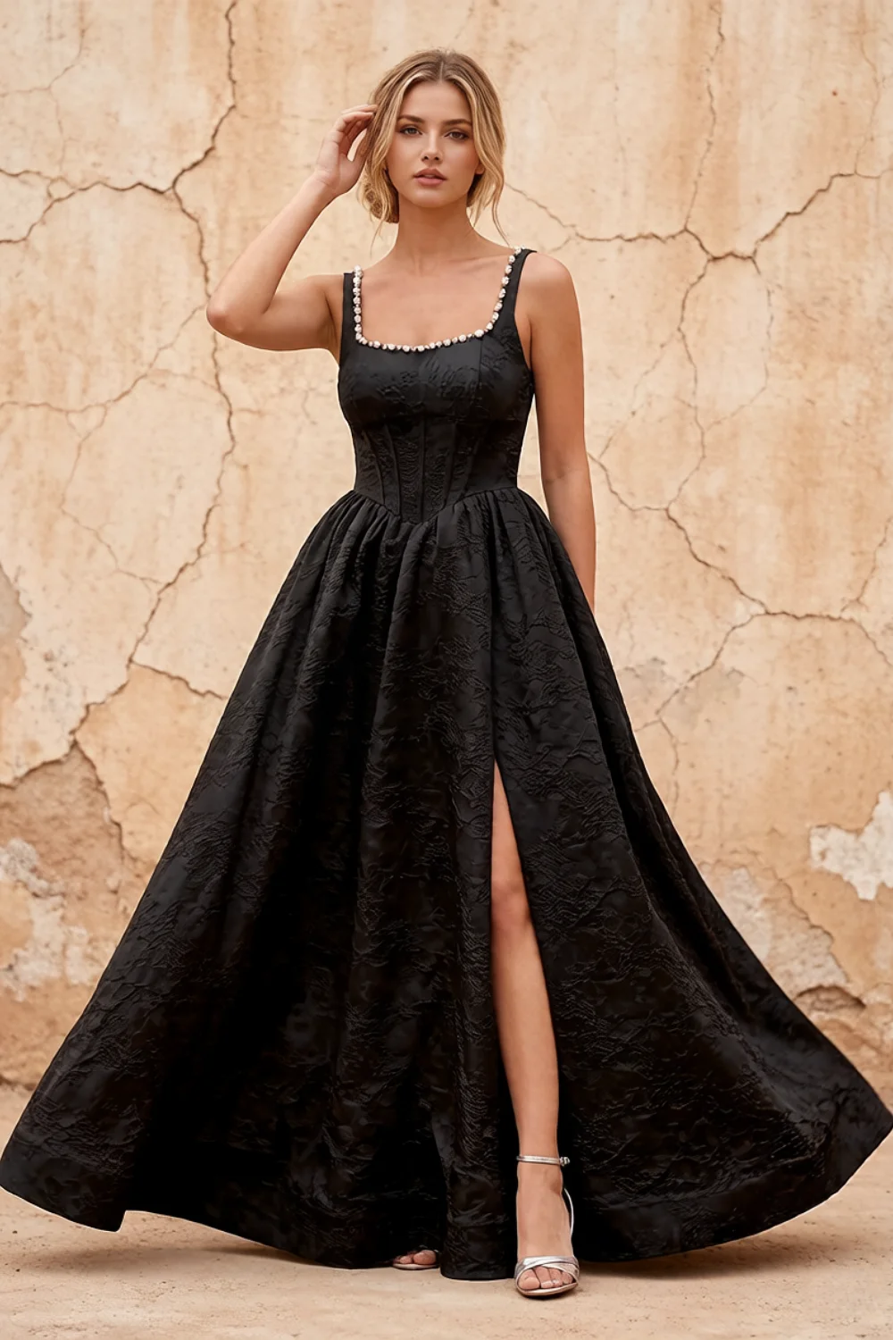 Marian Black Jacquard A-line 3d Flowers Maxi Dress
