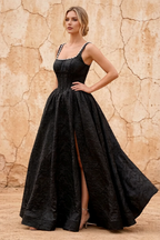 Marian Black Jacquard A-line 3d Flowers Maxi Dress