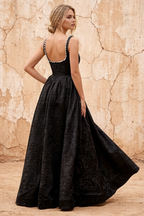 Marian Black Jacquard A-line 3d Flowers Maxi Dress