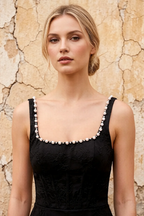 Marian Black Jacquard A-line 3d Flowers Maxi Dress