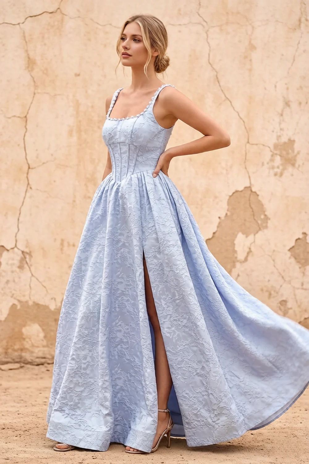 Marian Blue Jacquard A-line 3d Flowers Maxi Dress Main image
