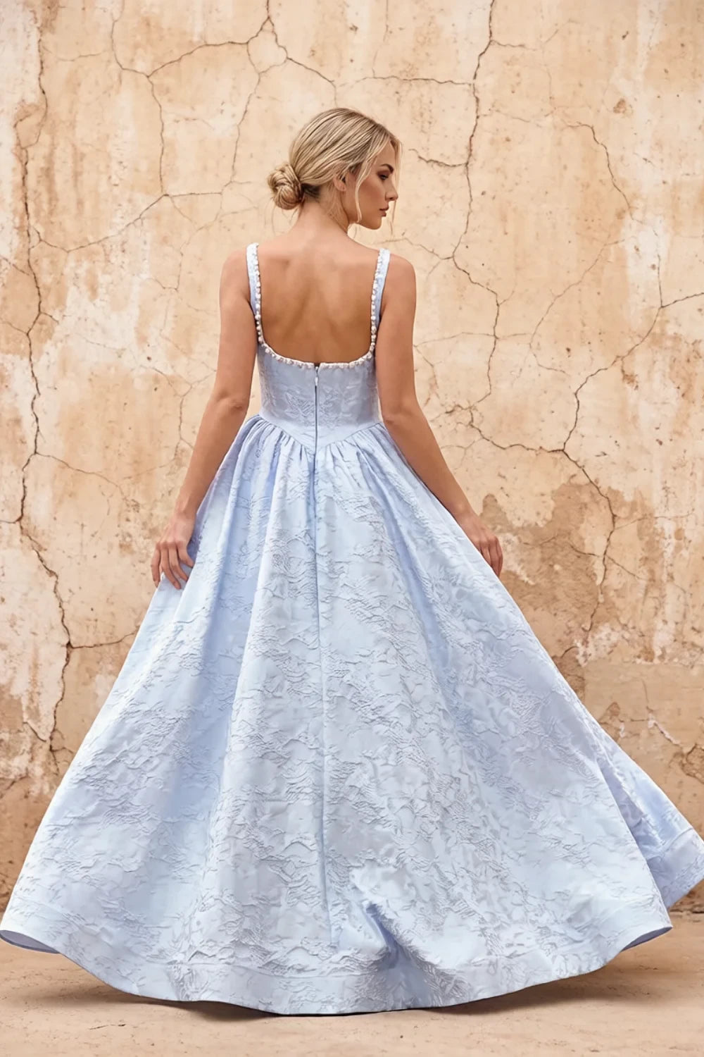 Translation missing: en.Marian Blue floral jacquard square-neck A-line maxi dress with dimensional flowers and side slit - product photo 2 content.product_image_secondary