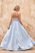 Marian Blue Jacquard A-line 3d Flowers Maxi Dress