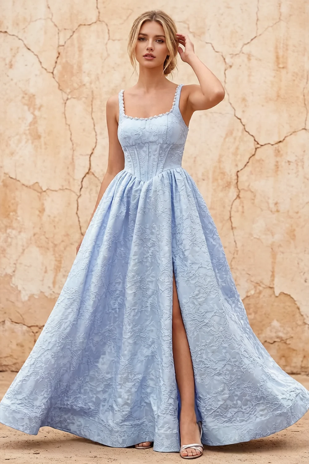 Marian Blue Jacquard A-line 3d Flowers Maxi Dress