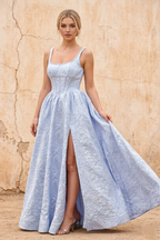 Marian Blue Jacquard A-line 3d Flowers Maxi Dress